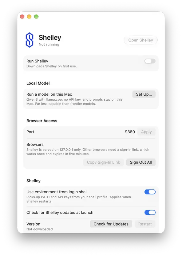 The Shelley Launcher settings window
